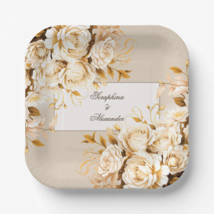 Elegant Gold & Ivory Floral Wedding Paper Plate