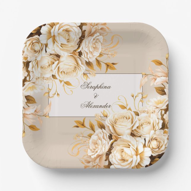 Elegant Gold & Ivory Floral Wedding Paper Plate (Front)