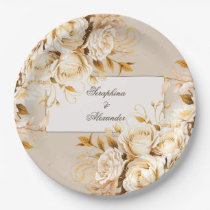 Elegant Gold & Ivory Floral Wedding Paper Plate