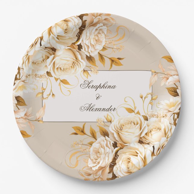 Elegant Gold & Ivory Floral Wedding Paper Plate (Front)