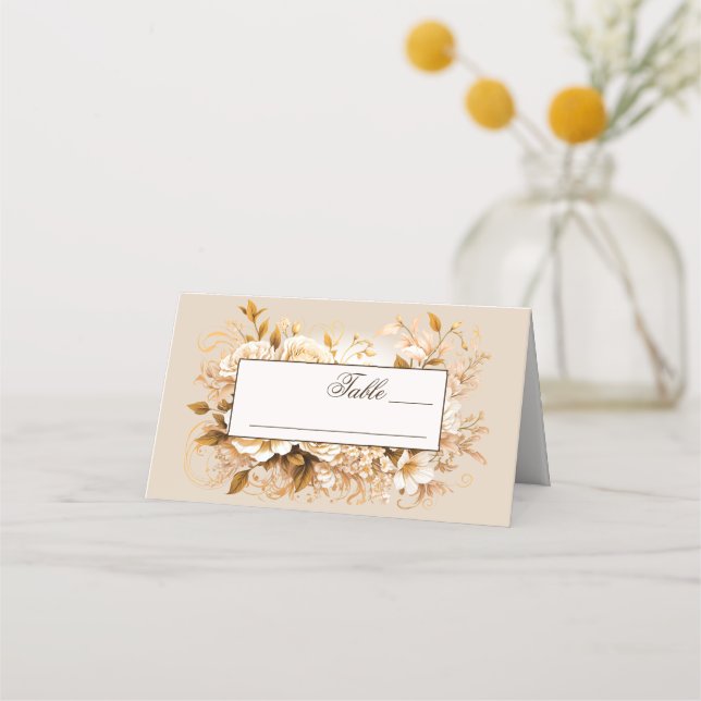 Elegant Gold & Ivory Floral Wedding Place Card (Front)