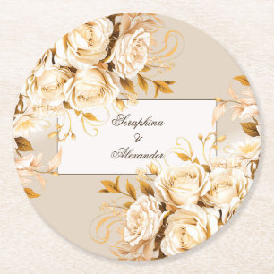 Elegant Gold & Ivory Floral Wedding Round Paper Coaster