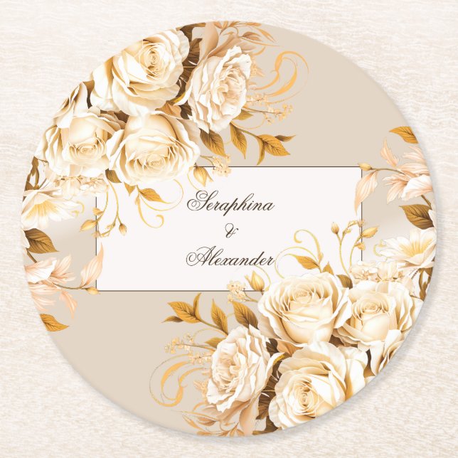 Elegant Gold & Ivory Floral Wedding Round Paper Coaster (Front)