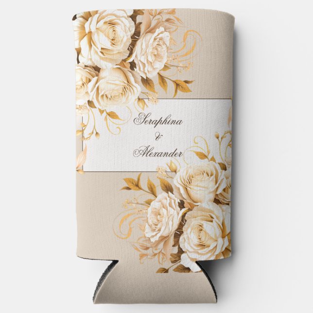 Elegant Gold & Ivory Floral Wedding Seltzer Can Cooler (Front)