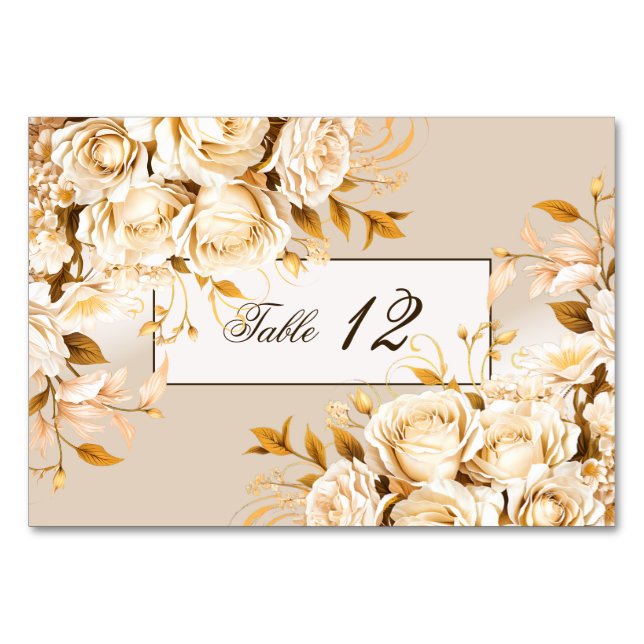 Elegant Gold & Ivory Floral Wedding Table Number (Front)
