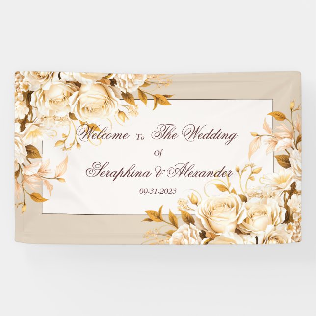Elegant Gold & Ivory Floral Wedding Welcome Banner (Horizontal)