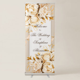 Elegant Gold & Ivory Floral Wedding Welcome Retractable Banner