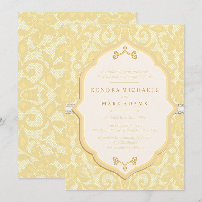 Elegant Gold & Ivory Lace Wedding Invitations (Front/Back)