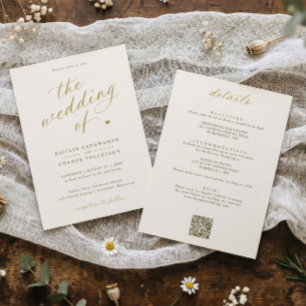 Elegant Gold & Ivory Script All in One Wedding Invitation