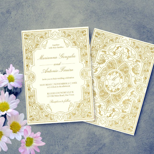 Elegant gold ivory vintage ornate frame wedding invitation (Elegant gold ivory vintage ornate frame wedding invitation template digital download antique chic)