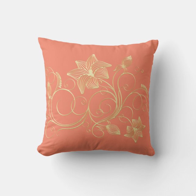 Elegant Gold Ivy Flower and Leaves Throw Pillow (Front)