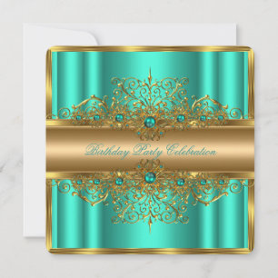 Elegant Gold Jade Teal Pearls Birthday Party 3 Invitation