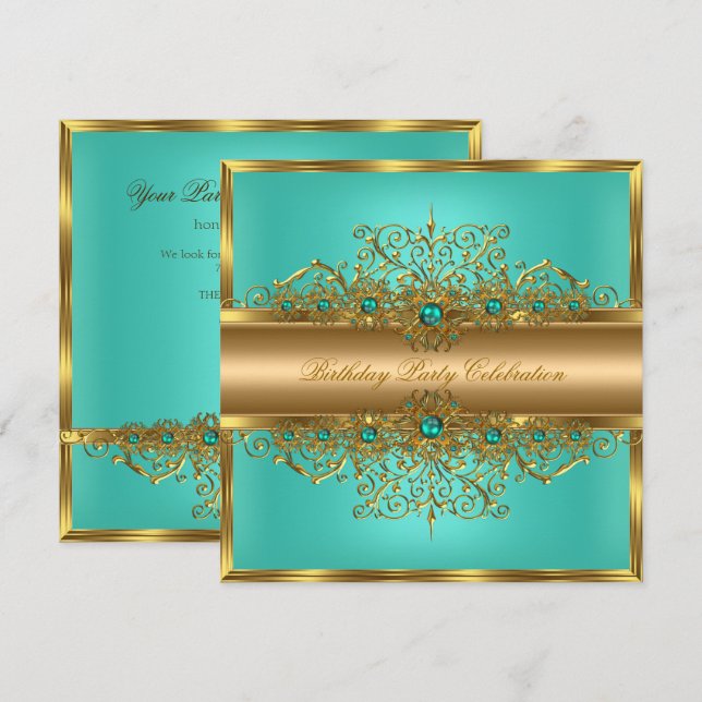 Elegant Gold Jade Teal Pearls Birthday Party Invitation (Front/Back)