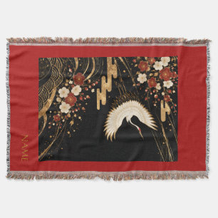 Elegant Gold Japanese Crane Vermilion Throw Blanke Blanket