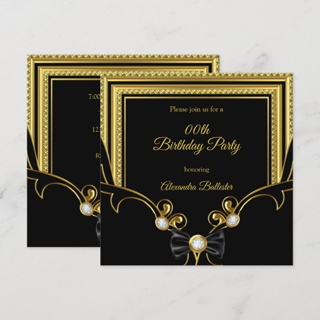 Elegant Gold Jewel Black Bow Birthday Party Invitation (Front/Back)