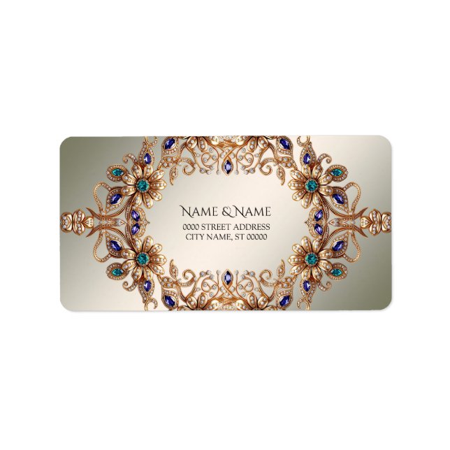 Elegant Gold Jewel Flowers Address Label (Front)