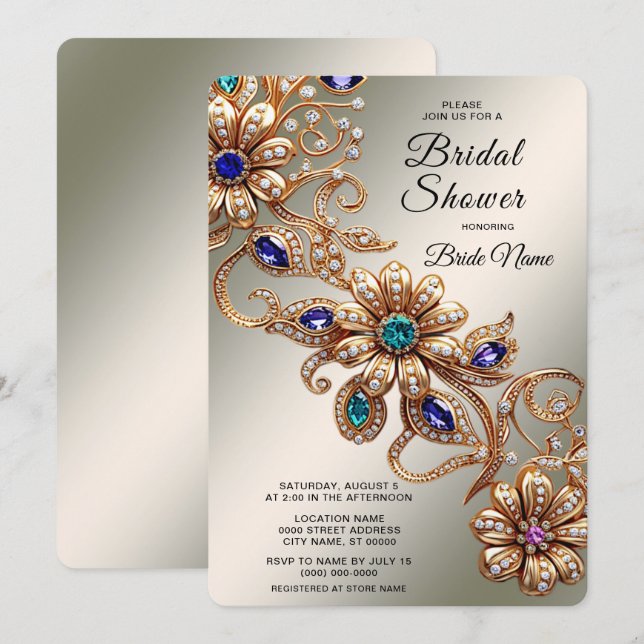 Elegant Gold Jewel Flowers Bridal Shower Invitation (Front/Back)