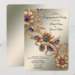 Elegant Gold Jewel Flowers Engagement Invitation