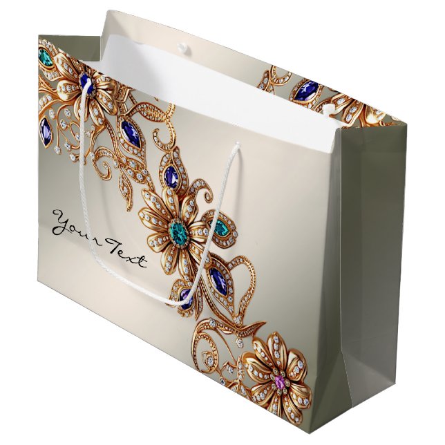Elegant Gold Jewel Flowers Gift Bag (Front Angled)
