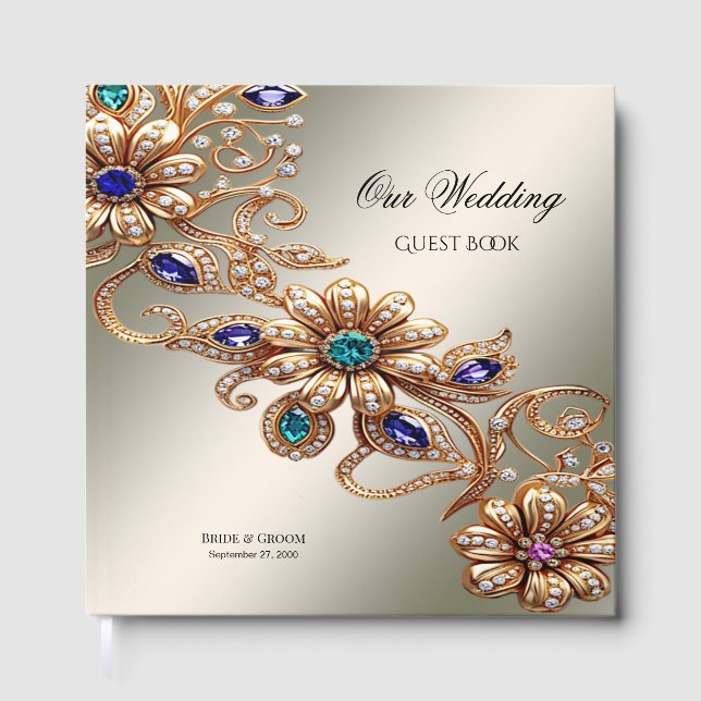 Elegant Gold Jewel Flowers Guest Book (Front)