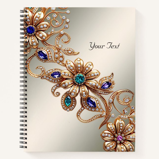 Elegant Gold Jewel Flowers Notebook (Front)