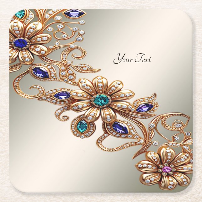 Elegant Gold Jewel Flowers Paper Coaster (Front)