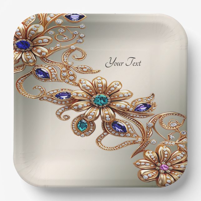 Elegant Gold Jewel Flowers Paper Plate (Front)
