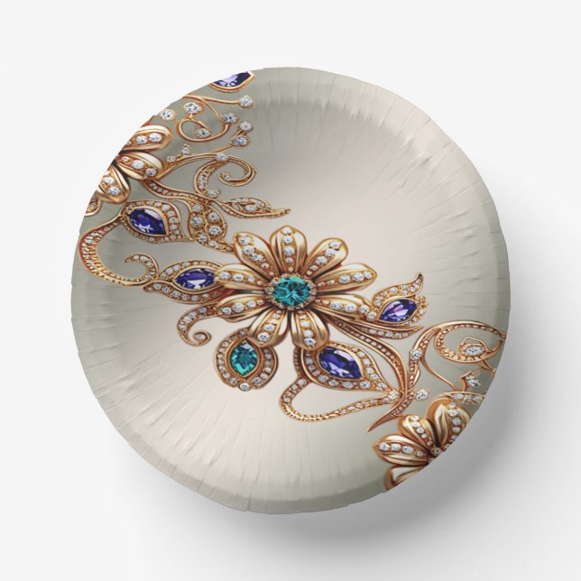 Elegant Gold Jewel Flowers Paper Plate (Front)