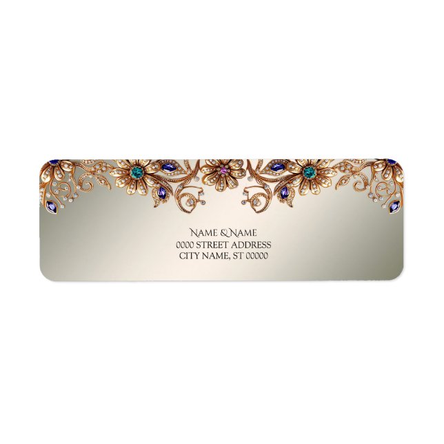 Elegant Gold Jewel Flowers Return Address Label (Front)
