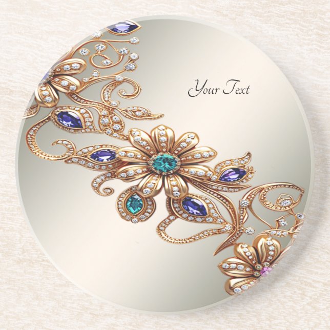 Elegant Gold Jewel Flowers Sandstone Coaster (Front)