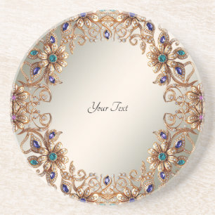 Elegant Gold Jewel Flowers Sandstone Coaster