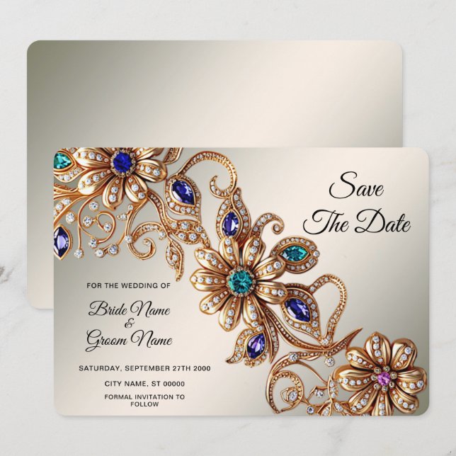 Elegant Gold Jewel Flowers Save The Date (Front/Back)
