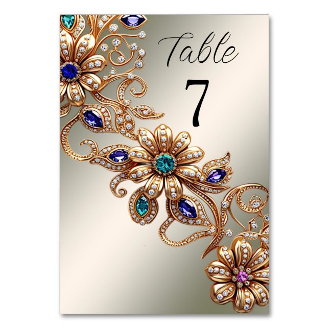 Elegant Gold Jewel Flowers Table Number (Front)