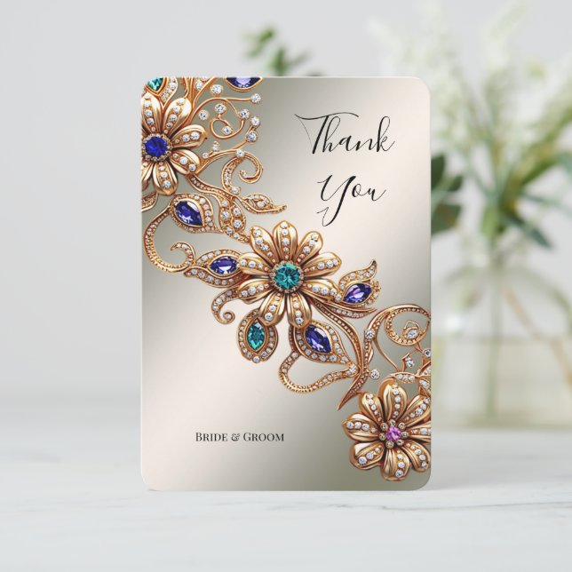 Elegant Gold Jewel Flowers Thank You Card (Standing Front)