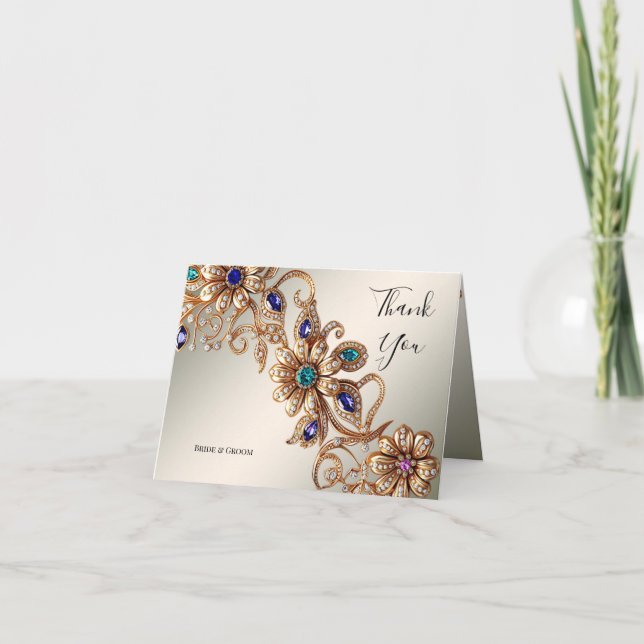 Elegant Gold Jewel Flowers Thank You Card (Front)