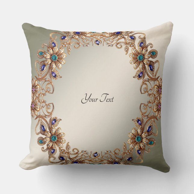 Elegant Gold Jewel Flowers Throw Pillow (Front)