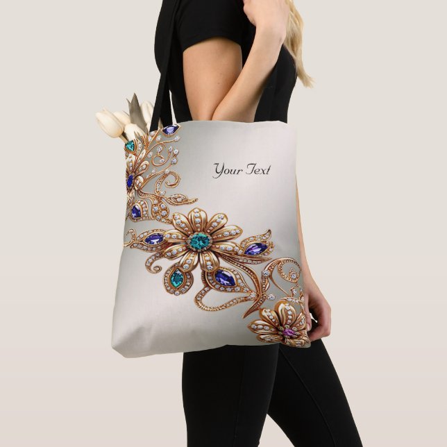 Elegant Gold Jewel Flowers Tote Bag (Close Up)