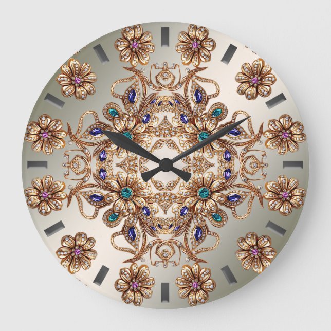 Elegant Gold Jewel Flowers Wall Clock (Front)