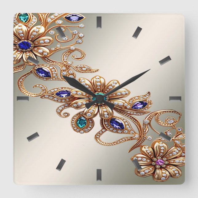 Elegant Gold Jewel Flowers Wall Clock (Front)