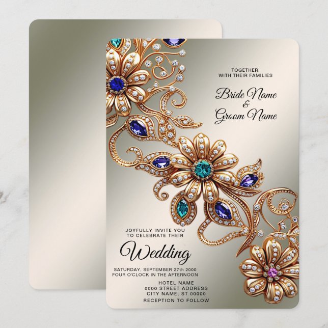 Elegant Gold Jewel Flowers Wedding Invitation (Front/Back)
