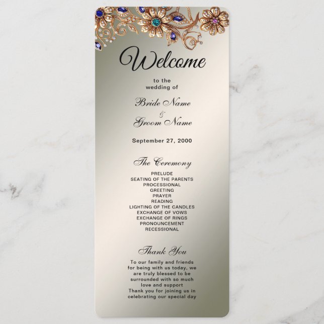 Elegant Gold Jewel Flowers Wedding Program Programme (Front)