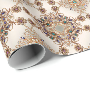 Elegant Gold Jewel Flowers Wrapping Paper