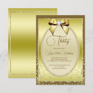 Elegant Gold Jeweled Bow & Confetti Birthday Invitation