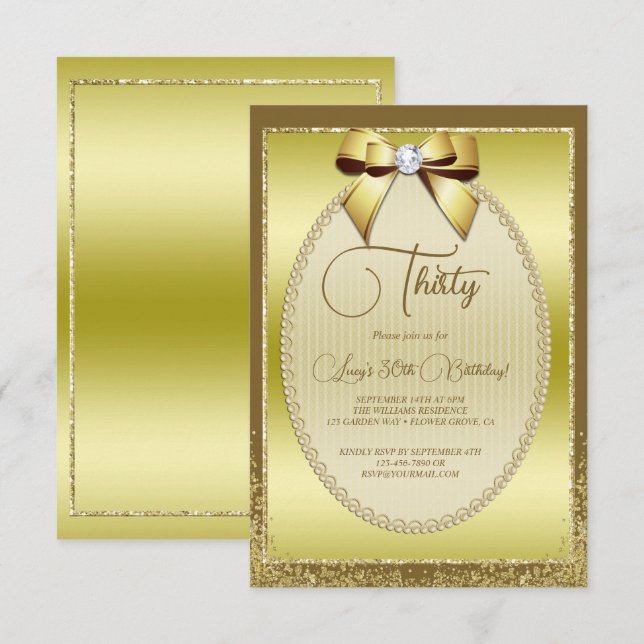 Elegant Gold Jeweled Bow & Glitter Birthday Invitation (Front/Back)