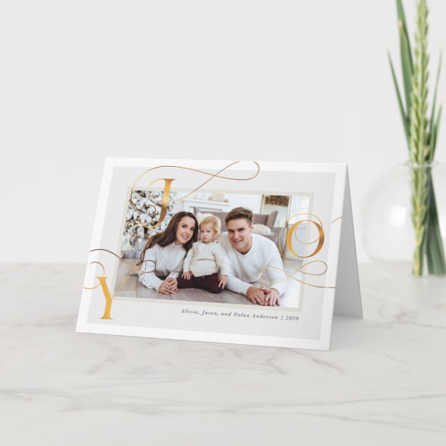 Elegant Gold "Joy" Family Photo Holiday Card (Front)