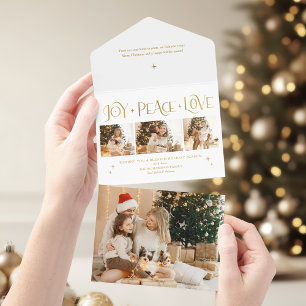 Elegant Gold Joy Peace Love Script 3-Photo All In One Invitation