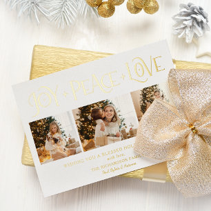 Elegant Gold Joy Peace Love Script 3-Photo Foil Holiday Card