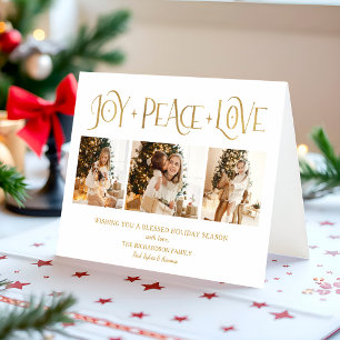 Elegant Gold Joy Peace Love Script 3-Photo Holiday Card