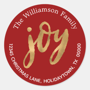 Elegant Gold Joy Red Return Address Christmas Classic Round Sticker