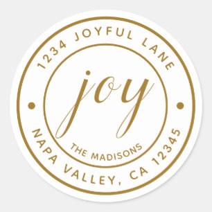 Elegant Gold Joy Round Return Address Classic Round Sticker